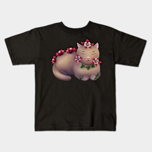 Cat with aquilegia flowers Kids T-Shirt